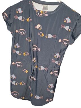 Girls Navy Fish-Print Short Sleeve Swim Rashguard Dress with Drawstring